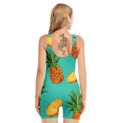 Pastel Turquoise Pineapple Pattern Print Sleeveless One Piece Swimsuit