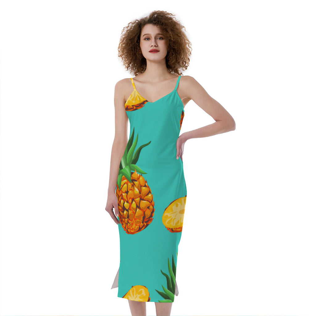 Pastel Turquoise Pineapple Pattern Print Slim Fit Midi Cami Dress