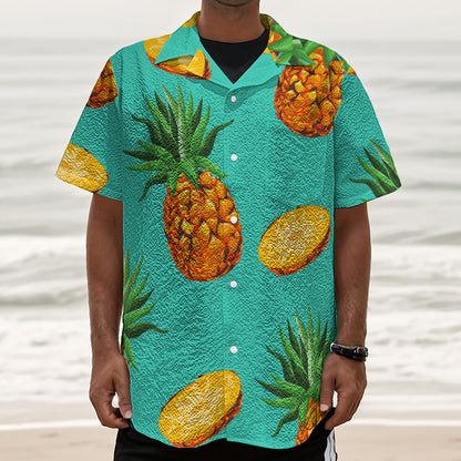 Pastel Turquoise Pineapple Pattern Print Textured Short Sleeve Shirt