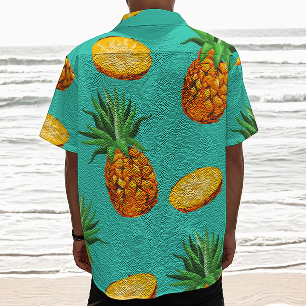 Pastel Turquoise Pineapple Pattern Print Textured Short Sleeve Shirt