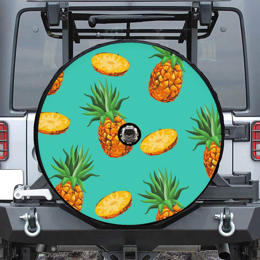 Pastel Turquoise Pineapple Pattern Print Tire Cover With Camera Hole