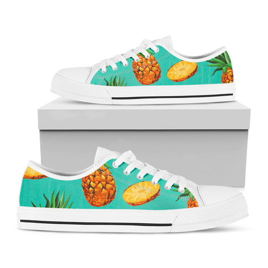 Pastel Turquoise Pineapple Pattern Print White Low Top Sneakers