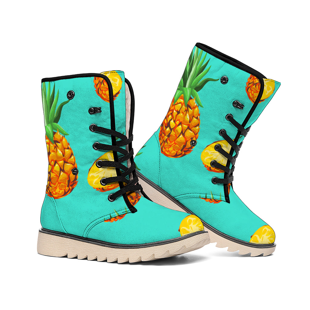 Pastel Turquoise Pineapple Pattern Print Winter Boots