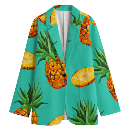 Pastel Turquoise Pineapple Pattern Print Women's Blazer