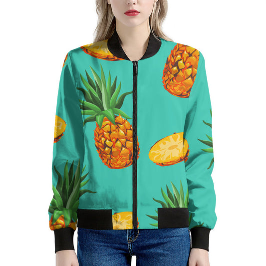 Pastel Turquoise Pineapple Pattern Print Women's Bomber Jacket