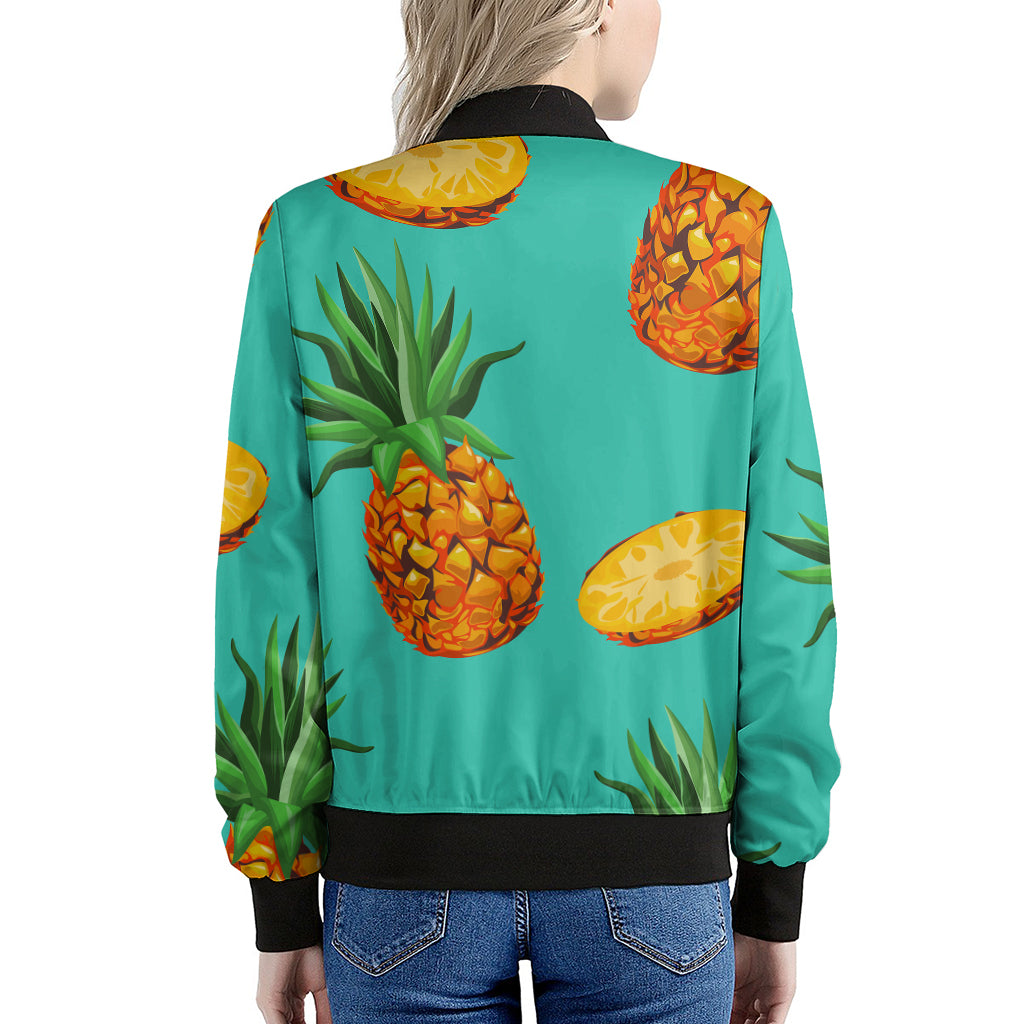Pastel Turquoise Pineapple Pattern Print Women's Bomber Jacket