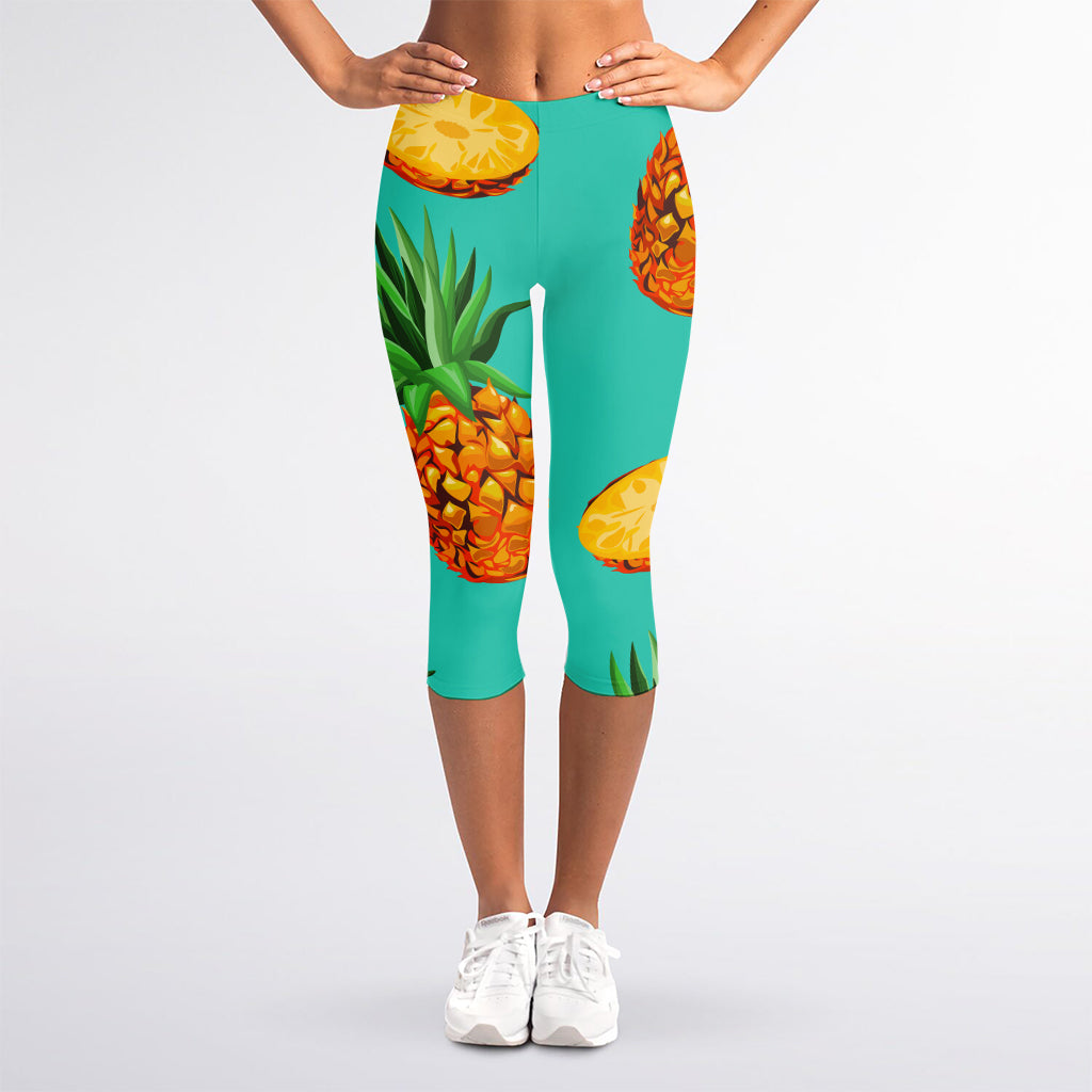 Pastel Turquoise Pineapple Pattern Print Women's Capri Leggings