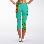 Pastel Turquoise Pineapple Pattern Print Women's Capri Leggings