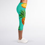 Pastel Turquoise Pineapple Pattern Print Women's Capri Leggings