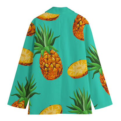 Pastel Turquoise Pineapple Pattern Print Women's Cotton Blazer