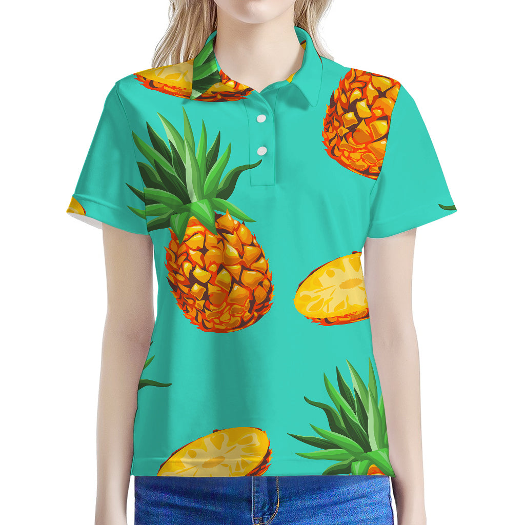 Pastel Turquoise Pineapple Pattern Print Women's Polo Shirt