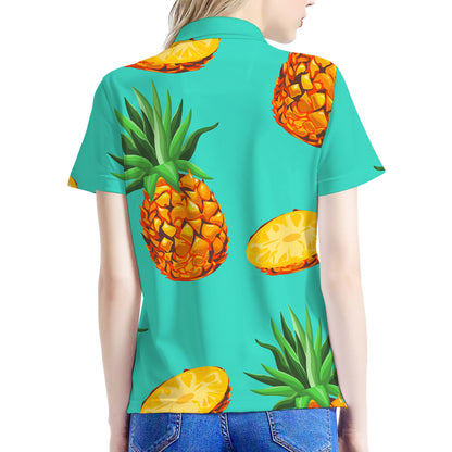 Pastel Turquoise Pineapple Pattern Print Women's Polo Shirt