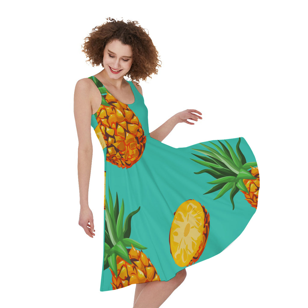 Pastel Turquoise Pineapple Pattern Print Women's Sleeveless Dress