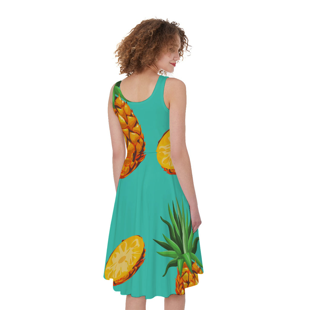 Pastel Turquoise Pineapple Pattern Print Women's Sleeveless Dress