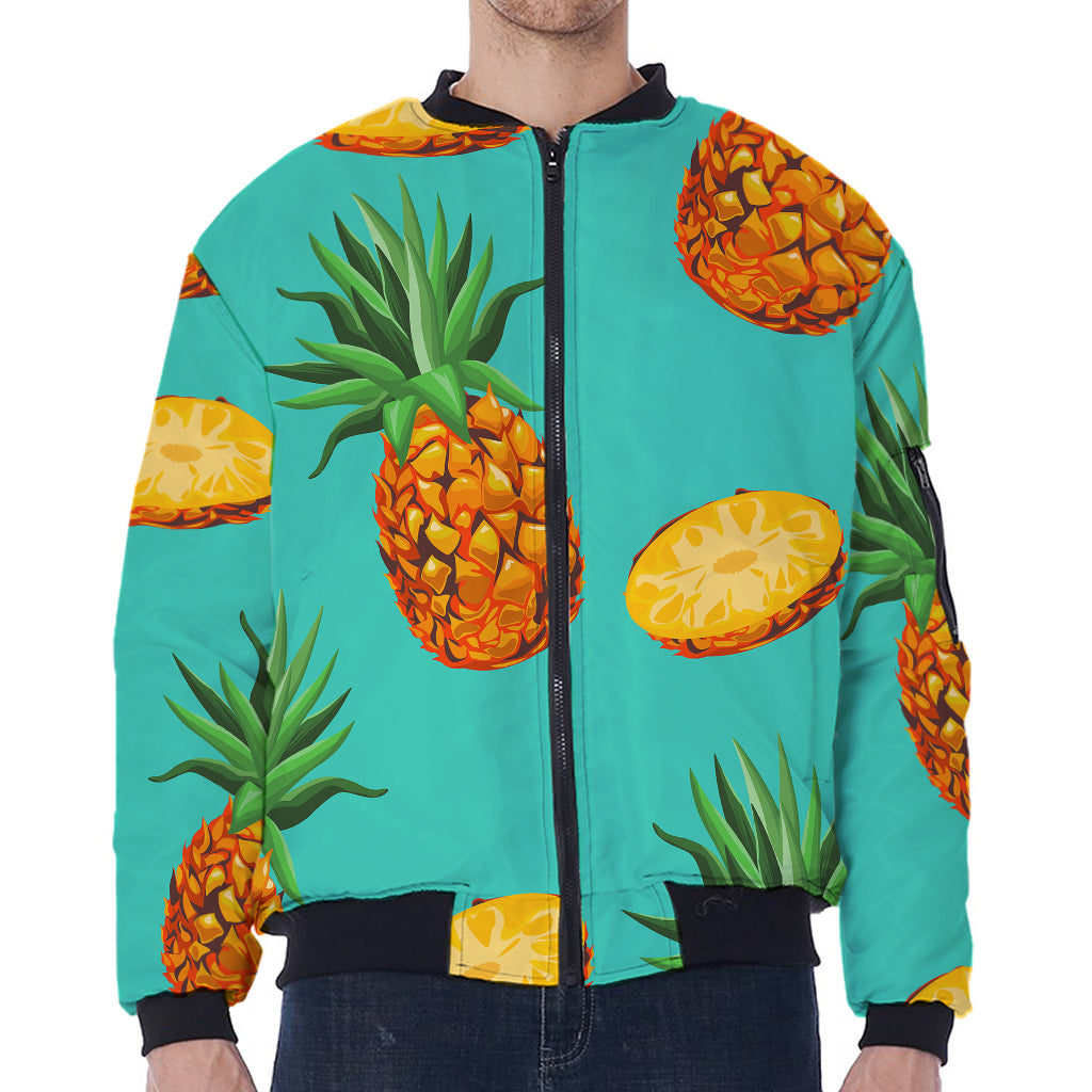 Pastel Turquoise Pineapple Pattern Print Zip Sleeve Bomber Jacket
