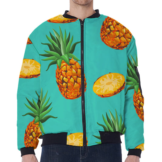 Pastel Turquoise Pineapple Pattern Print Zip Sleeve Bomber Jacket