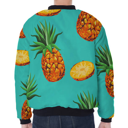Pastel Turquoise Pineapple Pattern Print Zip Sleeve Bomber Jacket