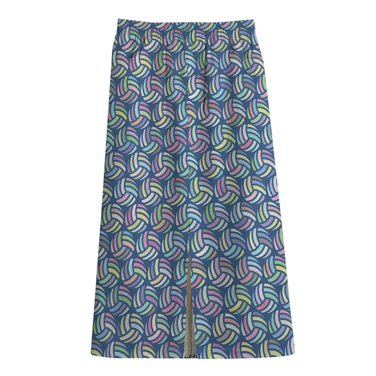 Pastel Volleyball Pattern Print Cotton Front Slit Maxi Skirt