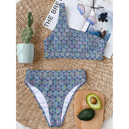 Pastel Volleyball Pattern Print One Shoulder Bikini Top