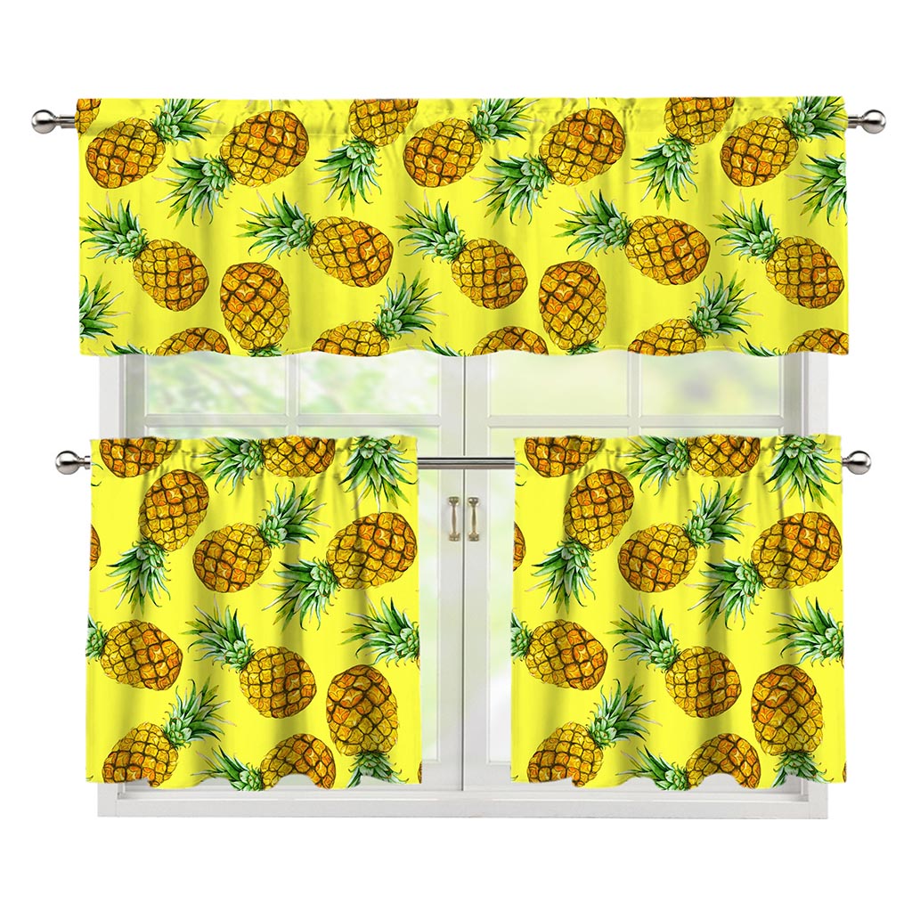 Pastel Yellow Pineapple Pattern Print 3 Piece Kitchen Curtains