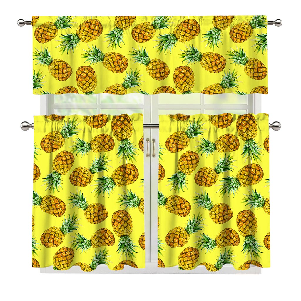 Pastel Yellow Pineapple Pattern Print 3 Piece Kitchen Curtains