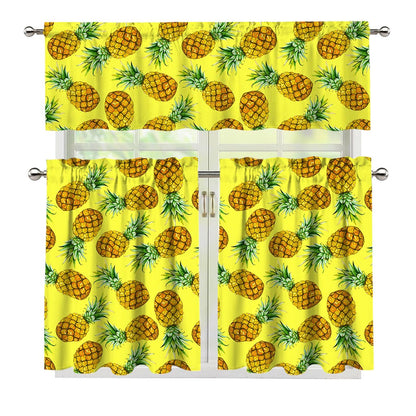 Pastel Yellow Pineapple Pattern Print 3 Piece Kitchen Curtains