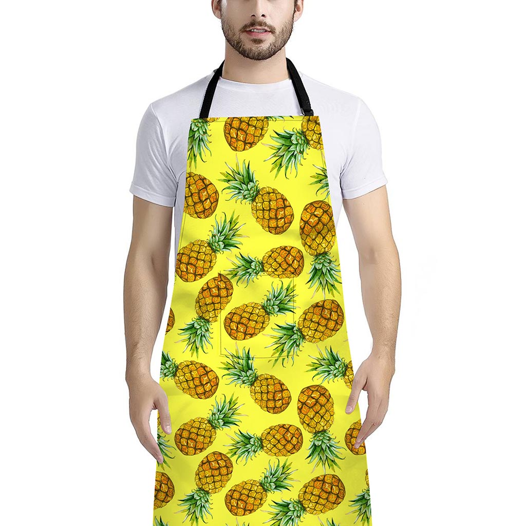 Pastel Yellow Pineapple Pattern Print Bib Apron With Pocket