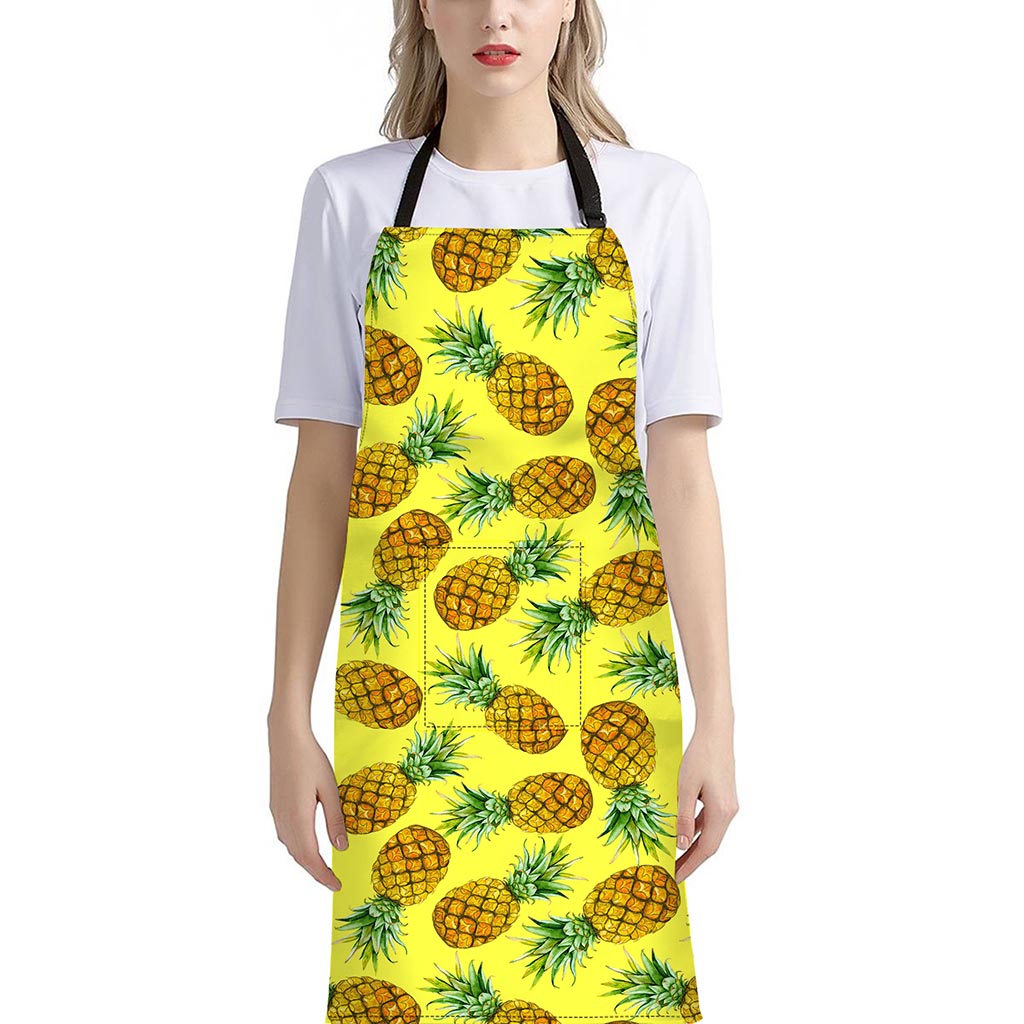 Pastel Yellow Pineapple Pattern Print Bib Apron With Pocket