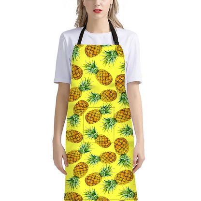 Pastel Yellow Pineapple Pattern Print Bib Apron With Pocket
