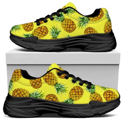 Pastel Yellow Pineapple Pattern Print Black Chunky Shoes