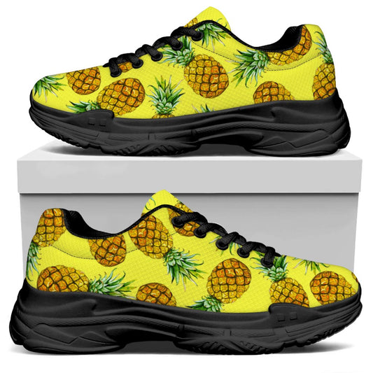 Pastel Yellow Pineapple Pattern Print Black Chunky Shoes