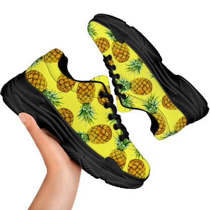 Pastel Yellow Pineapple Pattern Print Black Chunky Shoes