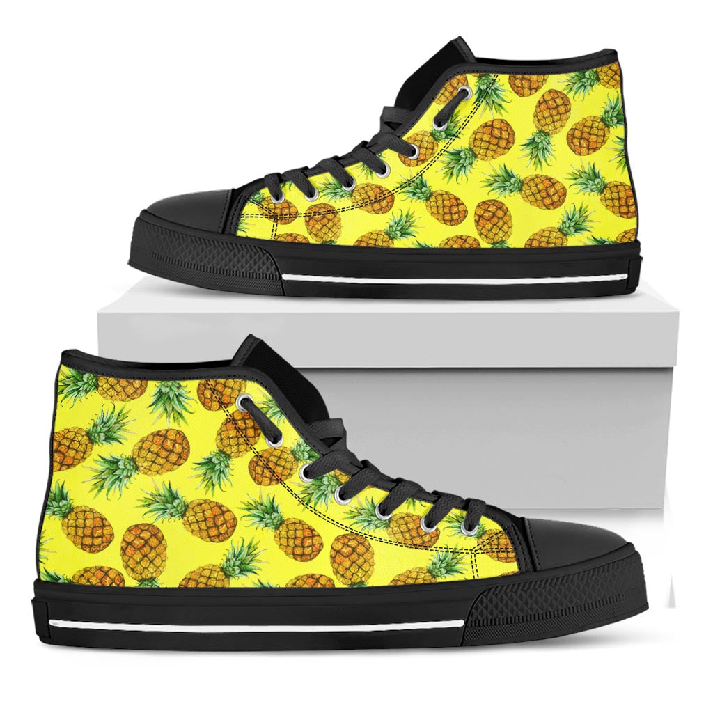 Pastel Yellow Pineapple Pattern Print Black High Top Sneakers