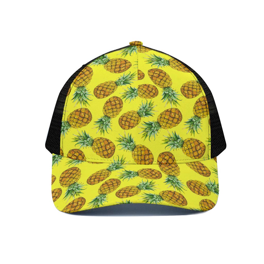 Pastel Yellow Pineapple Pattern Print Black Mesh Trucker Cap