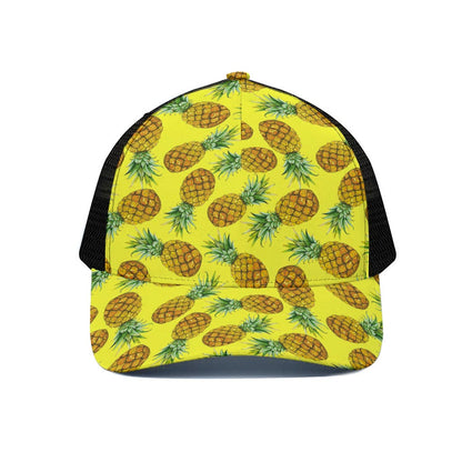 Pastel Yellow Pineapple Pattern Print Black Mesh Trucker Cap