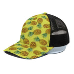 Pastel Yellow Pineapple Pattern Print Black Mesh Trucker Cap