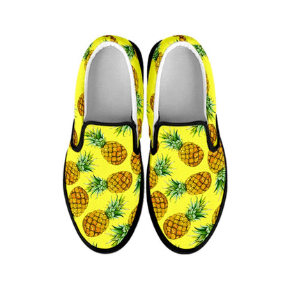 Pastel Yellow Pineapple Pattern Print Black Slip On Sneakers