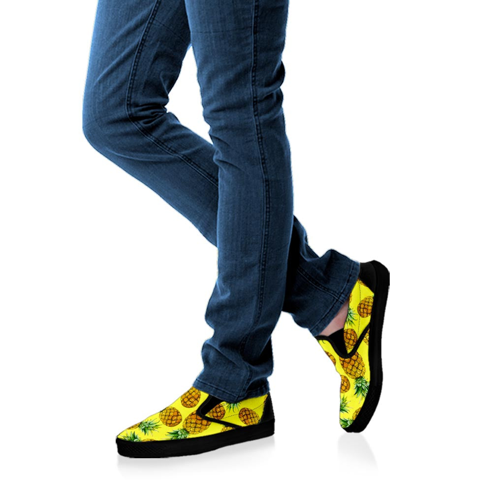 Pastel Yellow Pineapple Pattern Print Black Slip On Sneakers