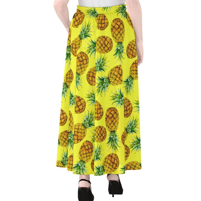 Pastel Yellow Pineapple Pattern Print Chiffon Maxi Skirt