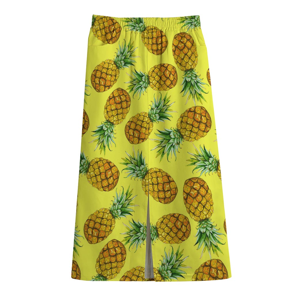 Pastel Yellow Pineapple Pattern Print Cotton Front Slit Maxi Skirt