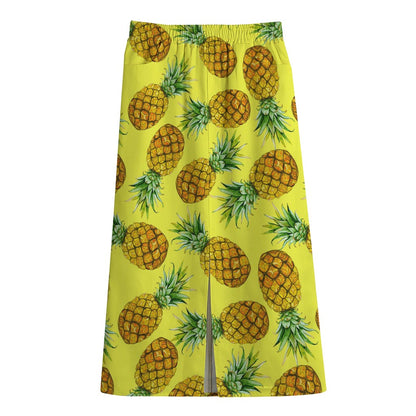 Pastel Yellow Pineapple Pattern Print Cotton Front Slit Maxi Skirt