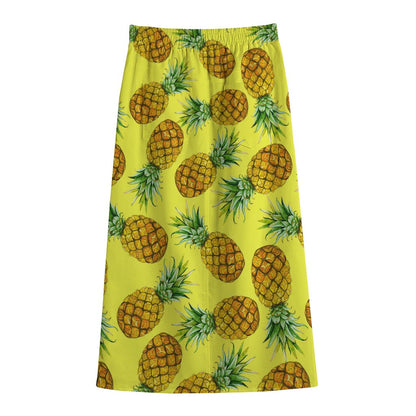 Pastel Yellow Pineapple Pattern Print Cotton Front Slit Maxi Skirt