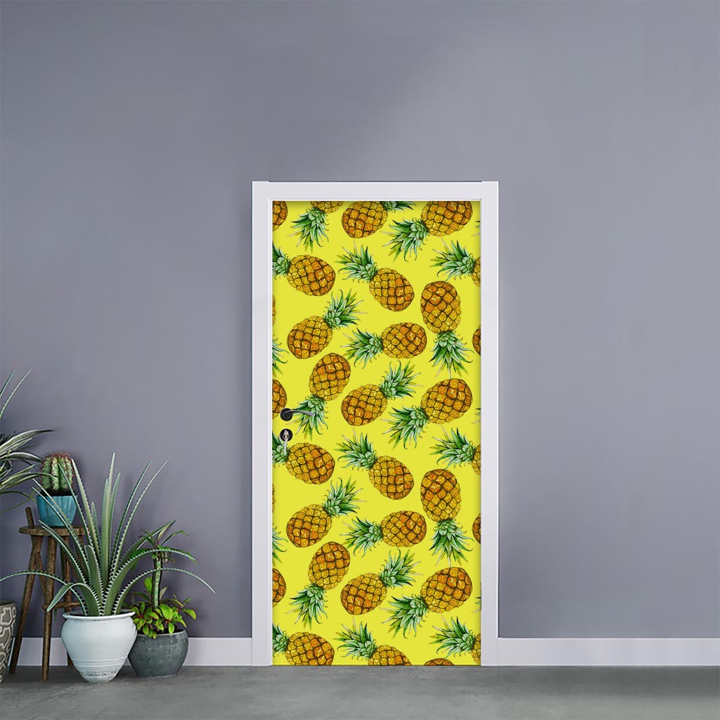 Pastel Yellow Pineapple Pattern Print Door Sticker