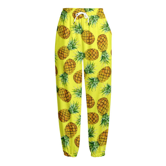 Pastel Yellow Pineapple Pattern Print Fleece Lined Knit Pants