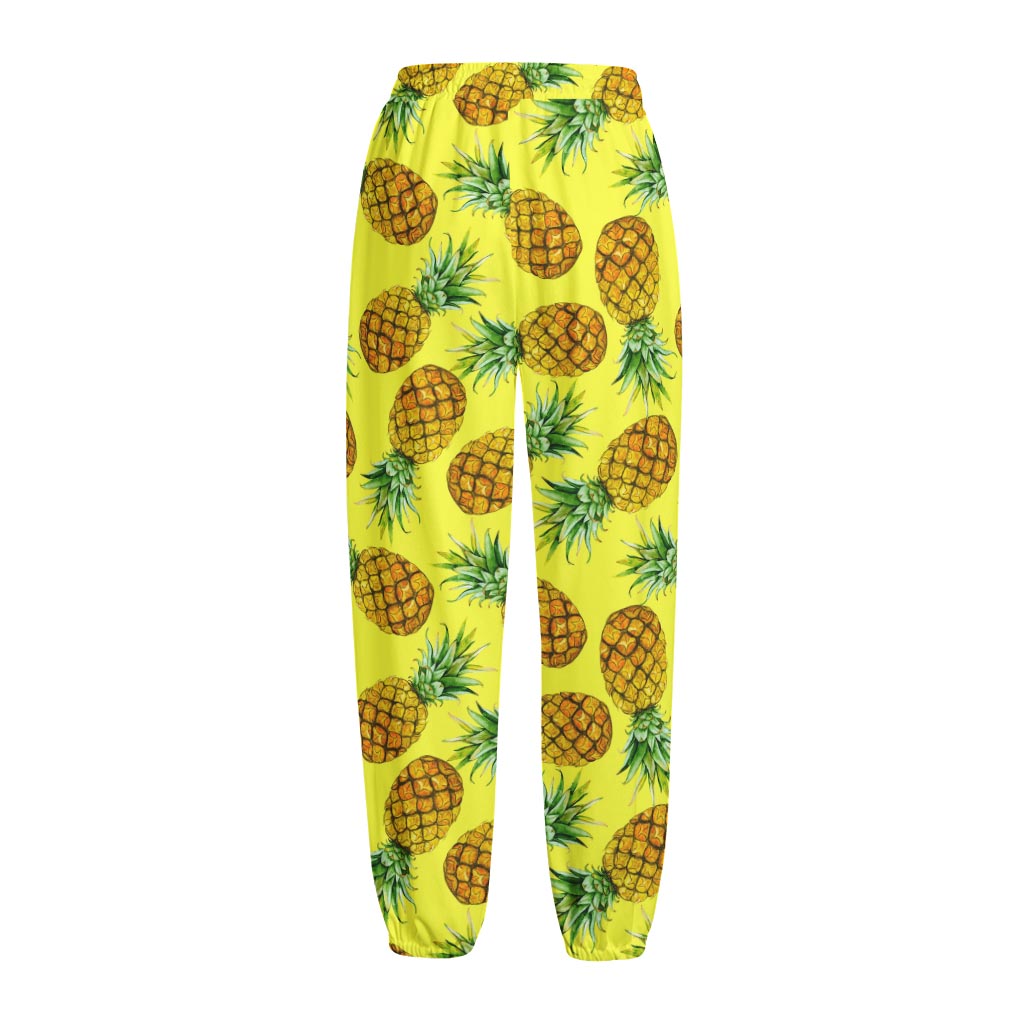 Pastel Yellow Pineapple Pattern Print Fleece Lined Knit Pants