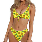 Pastel Yellow Pineapple Pattern Print Front Bow Tie Bikini