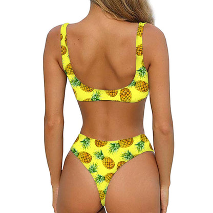 Pastel Yellow Pineapple Pattern Print Front Bow Tie Bikini