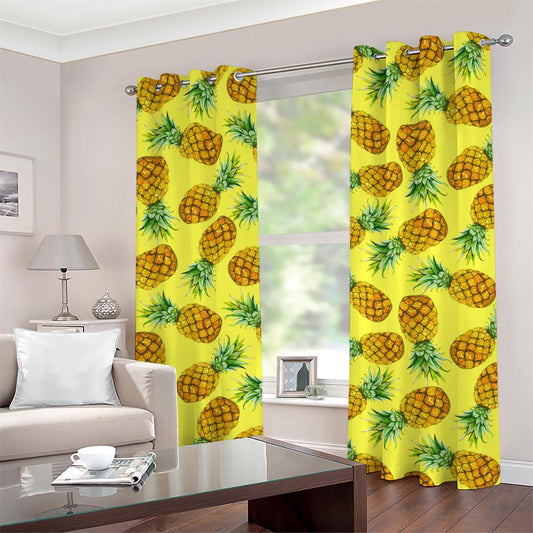 Pastel Yellow Pineapple Pattern Print Grommet Curtains