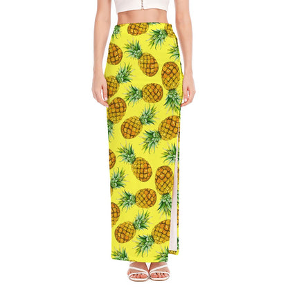 Pastel Yellow Pineapple Pattern Print High Slit Maxi Skirt