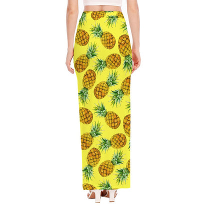Pastel Yellow Pineapple Pattern Print High Slit Maxi Skirt